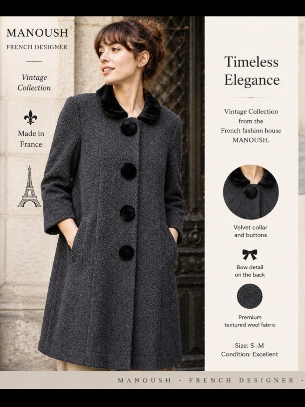 MANOUSH PARIS WOOL BOUCLÉ COAT VELVET BOW FRENCH CHIC COQUETTE RARE FR 36 US 4